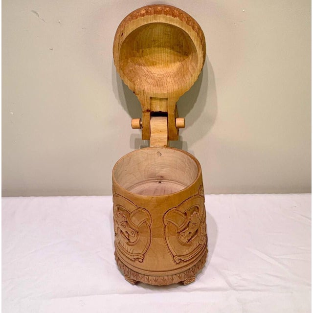 Tan Large Vintage Norwegian Hand-Carved Wooden Viking Dragon Tankard With Lid For Sale - Image 8 of 10