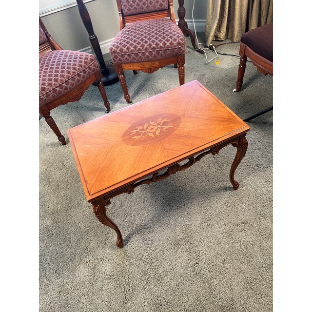 French Provincial Vintage French Provincial Louis XV Style Walnut Marquetry Coffee Table With Floral Inlay For Sale - Image 3 of 9