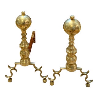Antique Brass Cannonball Footed Andirons - a Pair For Sale