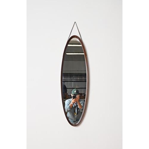 Mid-Century Italian Oval Mirror in Curved Teak and Leather, 1960s For Sale - Image 6 of 12