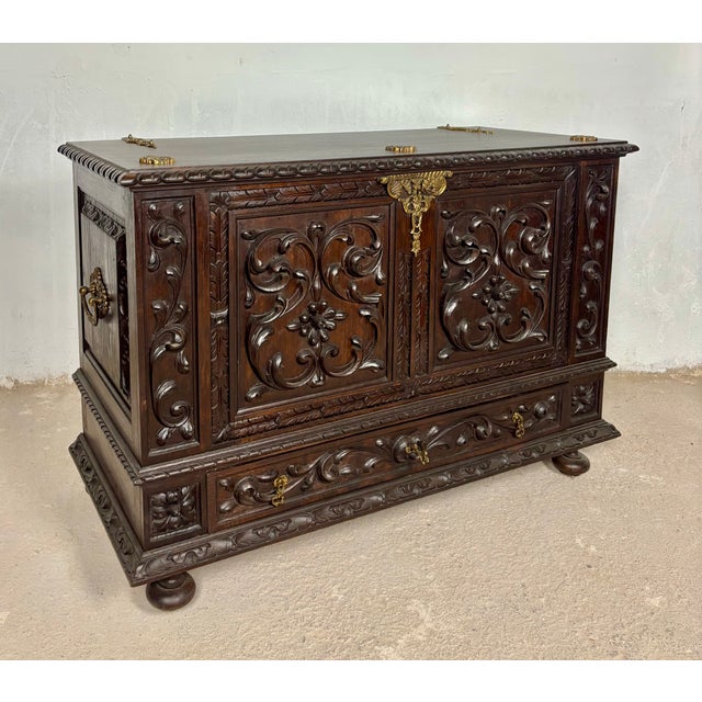 Brown Spanish Carved Blanket Chest, 1920 For Sale - Image 8 of 17