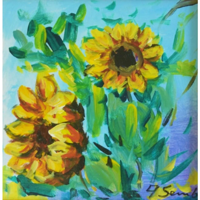 Impressionist Yellow Sunflowers Floral Oil Painting Including the Antiqued Gold Wood Frame For Sale In Los Angeles - Image 6 of 10