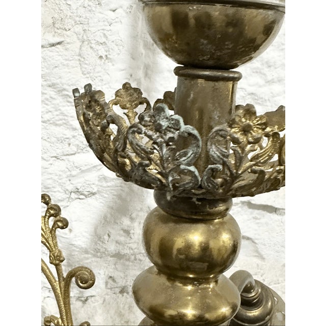 Vintage Art Nouveau Style Filigree Brass 4 Arm Gas Chandelier For Sale In Pittsburgh - Image 6 of 10