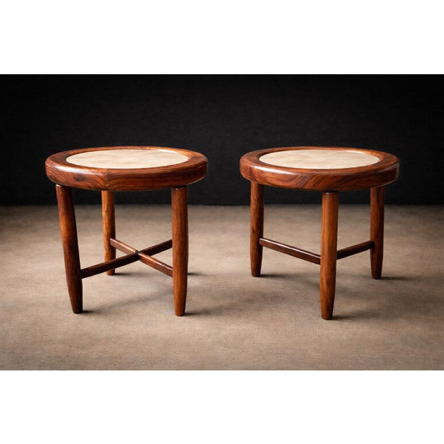 Found Collectibles Maracanã-Inspired Side Tables in Reclaimed Brazilian Rosewood and Honed Travertine For Sale - Image 13 of 15