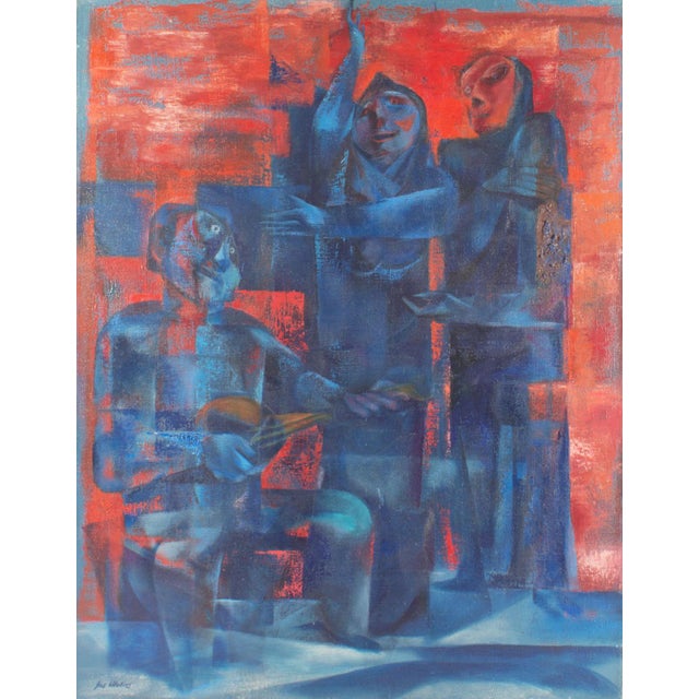 A 1952 abstract oil on canvas by the American painter Joseph Wolins (1915-1999). This painting depicts three blue,...