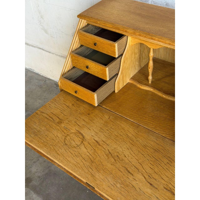 Oak Secretary Bureau With Drop-Front Desk and 9 Drawers Denmark Mid-Century Modern 1970s For Sale - Image 10 of 11
