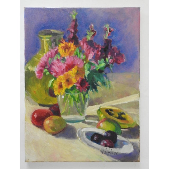 Textile Vintage Daisies and Fruit Still Life Impressionist Painting For Sale - Image 7 of 8
