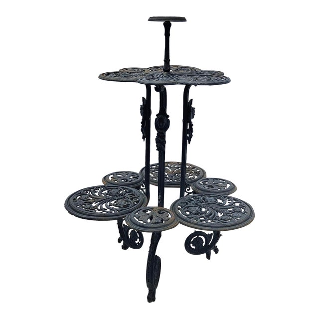 Antique Victorian-Style Cast Iron Tiered Garden Plant Stand For Sale
