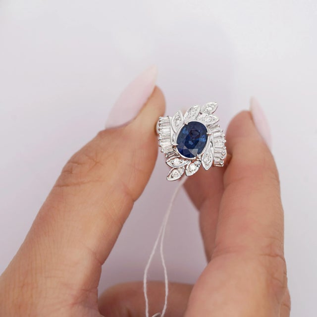 Metal Natural 1.52 Carat Oval Blue Sapphire and Diamond Platinum Floral Ring For Sale - Image 7 of 9