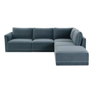 Willow Misty Blue with Pale Blue Piping Modular 5-Piece Performance Velvet RAF Sectional For Sale
