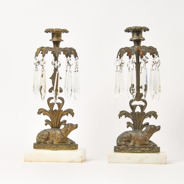 Antique Brass Spaniel Dog Candle Holders With Marble Base and Crystals For Sale - Image 13 of 16