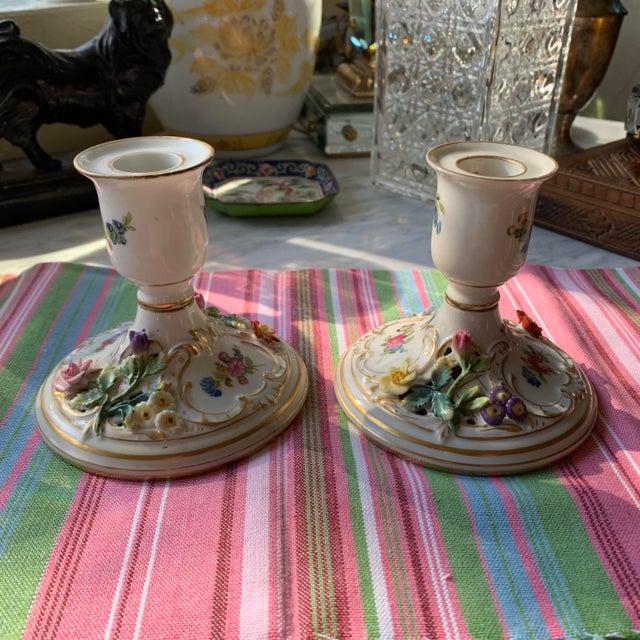 Dresden Porcelain Antique Dresden Porcelain Floral Candlestick Holders a Pair For Sale - Image 4 of 12