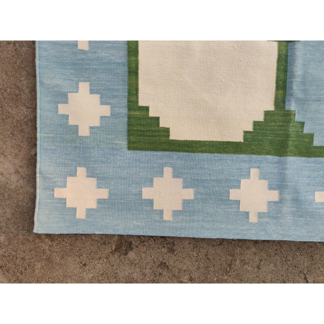 Handmade Cotton Flat Weave Reversible Box Pattern Sky Blue and Forest Green Area Rug - 9'x12' For Sale - Image 10 of 11