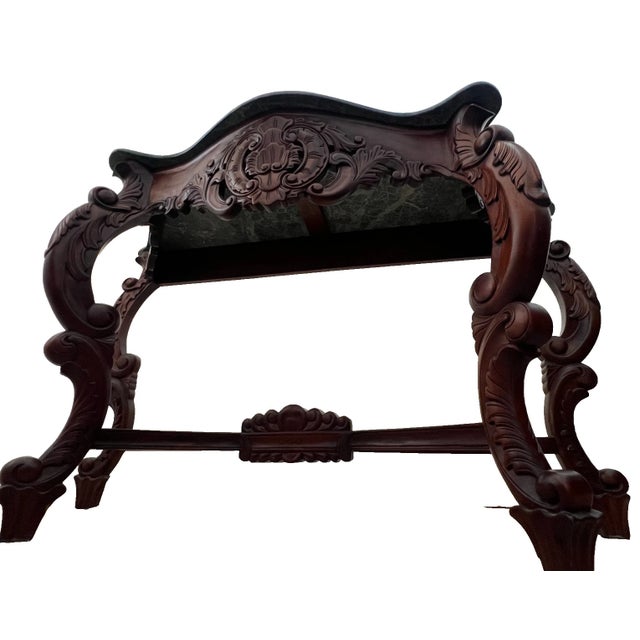 Vintage Victorian Rococo Revival Console Table Carved Mahogany, Green Marble Top For Sale - Image 13 of 13