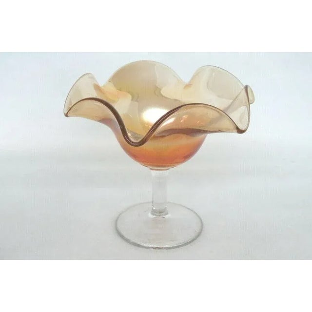 Marigold Carnival Glass Clear Stem Ruffled Rim Compote Candy Dish For Sale - Image 11 of 11