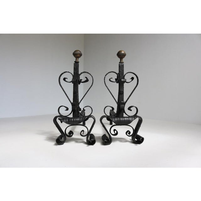 Black Antique Hand-Forged Wrought Iron Andirons, 1890s, Set of 2 For Sale - Image 8 of 13