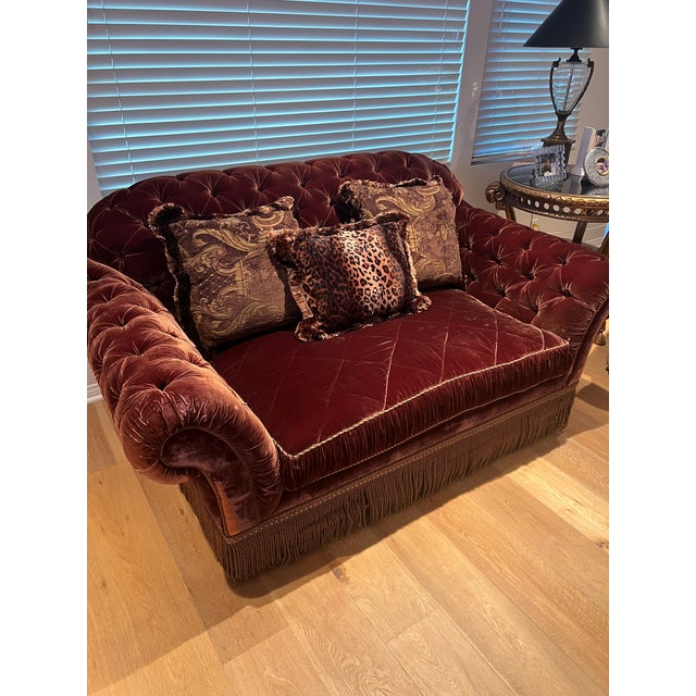 Mid-Century Modern Love Seat, Beautiful Custom Made , Plush, Tufted, Rich Brown Velvet Fabric For Sale - Image 3 of 9