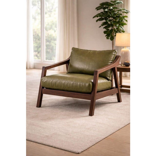 Mid-Century Modern Olive Green Leather Lounge Chair, Mid Century Modern Accent Chair, Solid Wood Frame Armchair, Luxury Living Room Seating For Sale - Image 3 of 6