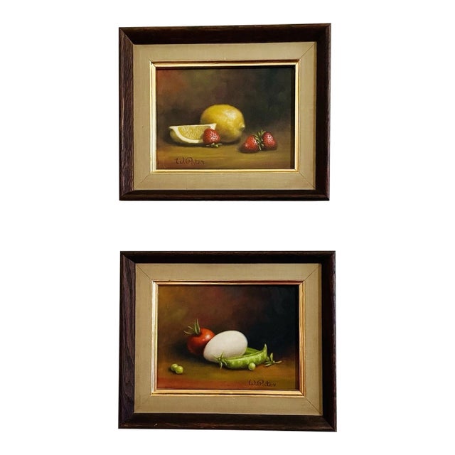 Mid 20th Century Signed W. Pater Still Life Oil Paintings – Citrus Zest and Harvest Bounty - Two Paintings Sold as a Pair For Sale