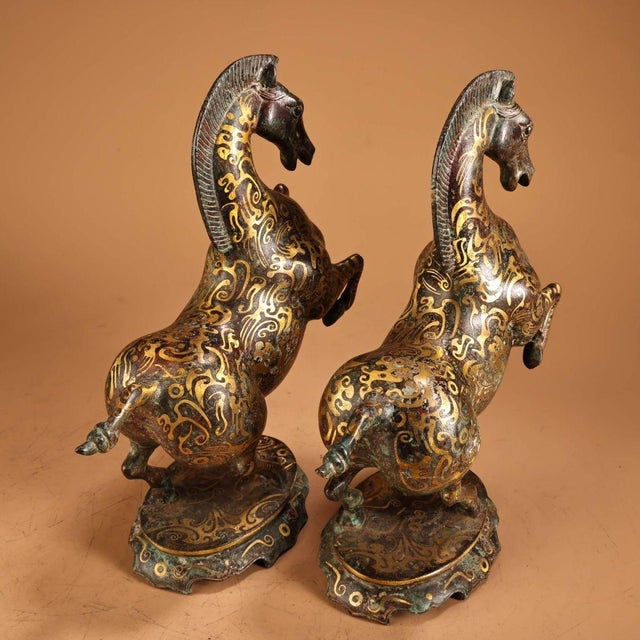 Mid 20th Century Pair of Vintage Bronze Galloping Horses – Gold Inlaid Figures on Stands For Sale - Image 5 of 10