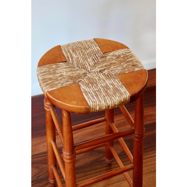 Wood Antique Wooden Bar Stool with Straw Seat, 1980s For Sale - Image 7 of 12