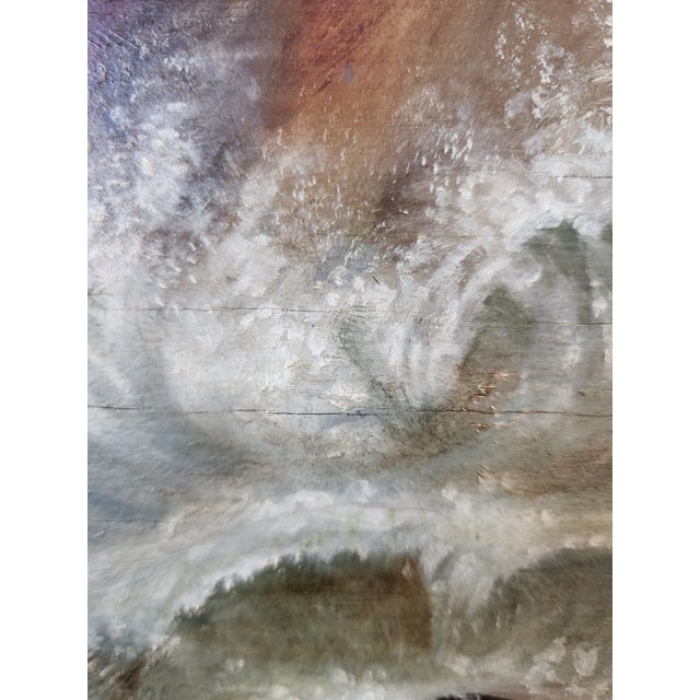19th Century Dramatic Seascape Painting in Antique Arts & Crafts Pyrography Frame For Sale - Image 15 of 18
