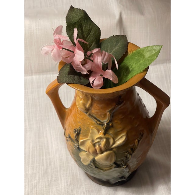 Vintage Roseville Double Handle Vase 3d Magnolia Brown White Green Pink #90-7" For Sale - Image 10 of 10