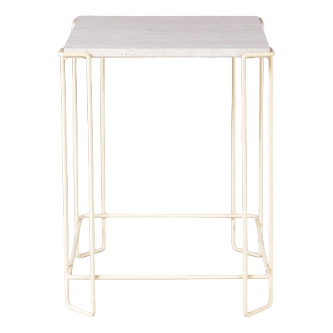 Side Table in Beige Metal Frame with Travertine Top in the style of Max Sauze, 1980s For Sale