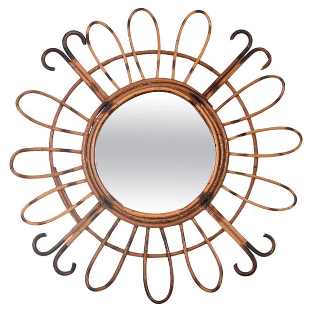 Mid-Century French Riviera Round Sunburst Mirror in Curved Rattan, France, 1970s For Sale