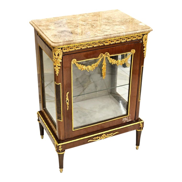 Royal French Display Nightstand – Marble Top, Glass Door & Gold Leaf Accents For Sale