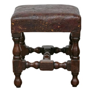 19th Century English Oak Footstool with Leather Seat and Turned Legs For Sale
