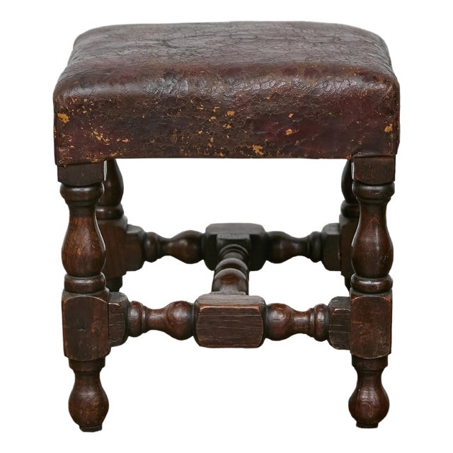 19th Century English Oak Footstool with Leather Seat and Turned Legs For Sale