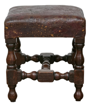 19th Century English Oak Footstool with Leather Seat and Turned Legs