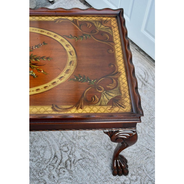 Vintage Carved Mahogany Regency Hand Painted Floral Design TBL W/ Claw Foot For Sale - Image 11 of 12