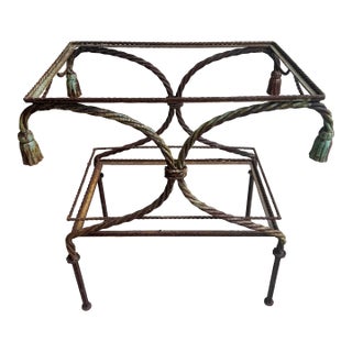 Mid-Century Regency Faux Rope Tassel Wrought Iron Garden Table Bas For Sale