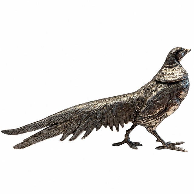 Hollywood Regency Pair of Vintage Large Chinese Brass Silver-Plated Pheasant Sculpture Figurines For Sale - Image 3 of 9