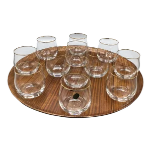 1980s Bohemian Crystalex Geneve Old Fashion Gold Rim Whiskey/Scotch/Bourbon Glasses With Pressed Teak Tray-Set of 13