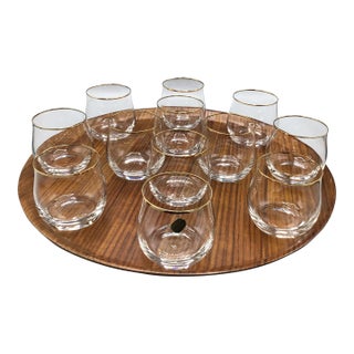Bohemian Crystalex Geneve Old Fashion Gold Rim Whiskey/Scotch/Bourbon Glasses With Pressed Teak Tray-Set of 13 For Sale