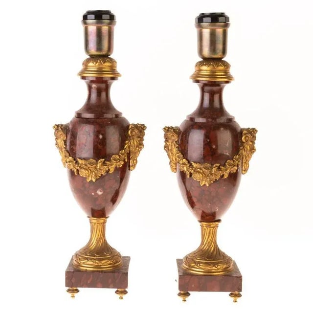 Antique French Rouge Marble & Bronze Satyrs Table Lamps, Set of 2 For Sale - Image 4 of 17