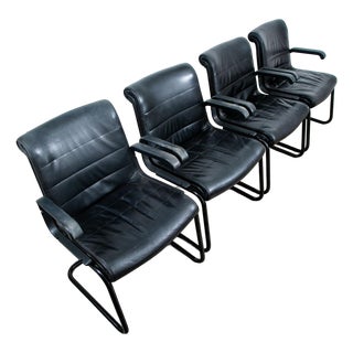 1980s Mid Century Modern Office Chairs, Knoll International Black Leather Sapper - Set of 4 For Sale