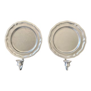 Vintage Pewter Queen Anne Style Wall Place Candle Sconces- a Pair For Sale