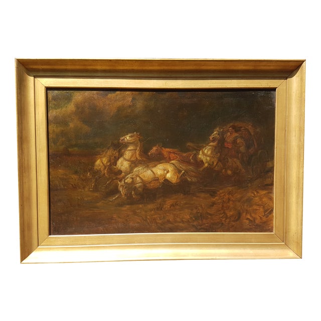 H. Post, 5 Horse Carriage/Team, Oil Painting, Early 20th Century, Framed For Sale