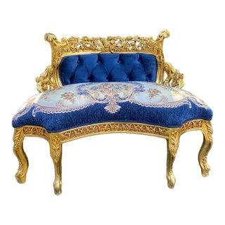 1980s French Louis XVI Blue Gold Beechwood Velvet Settee – 1pc For Sale