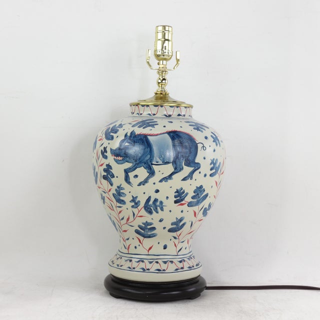 Folk Art Vintage Brunschwig & Fils Cadiz Table Lamps - Blue and Cream Ceramic With Boar and Deer Motif For Sale - Image 3 of 14