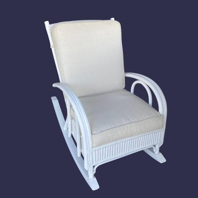 White Six Piece Ficks Reed Vintage Palm Beach Regency Rattan Patio Set Sofa, Chair, Rocker, Coffee Table, Two Side Tables in Excellent Condition For Sale - Image 8 of 12