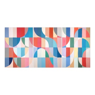 2026, Modern Bauhaus Painting in Vivid Tones of Reflective Whirlpool, Large Triptych, Acrylic Paint on Watercolor Paper For Sale