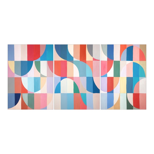 2026, Modern Bauhaus Painting in Vivid Tones of Reflective Whirlpool, Large Triptych, Acrylic Paint on Watercolor Paper For Sale