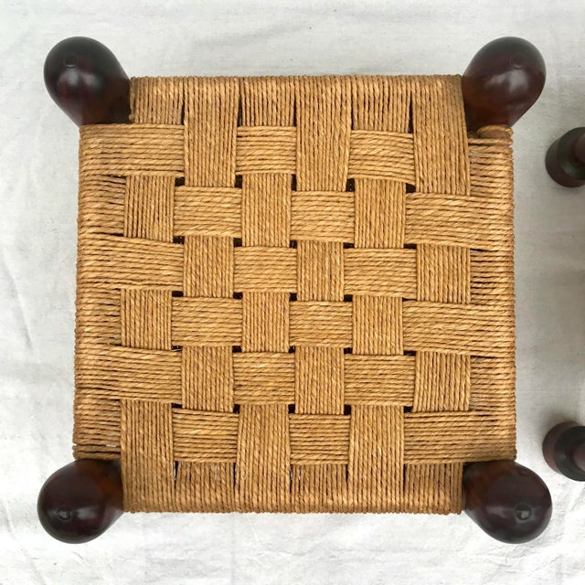 Vintage Woven Jute and Mahogany Stools - Set of 3 For Sale In Los Angeles - Image 6 of 12