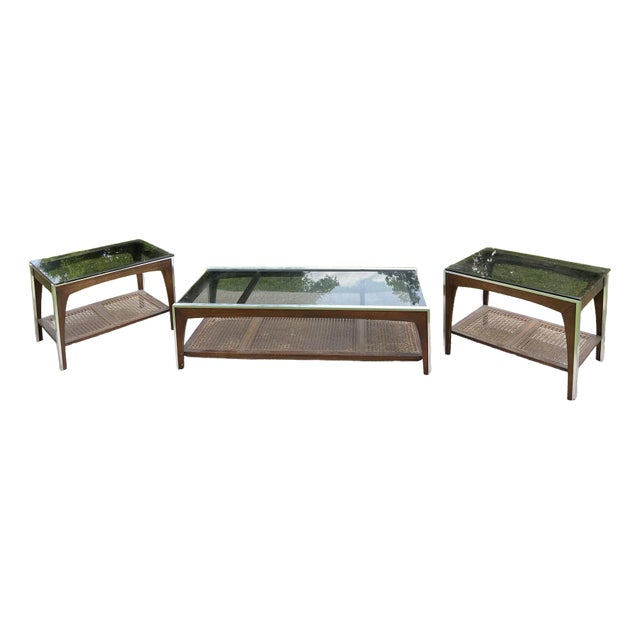 1960s Mid Century Modern Walnut Chrome & Cane Smoked Glass Coffee Table Set of 3 For Sale