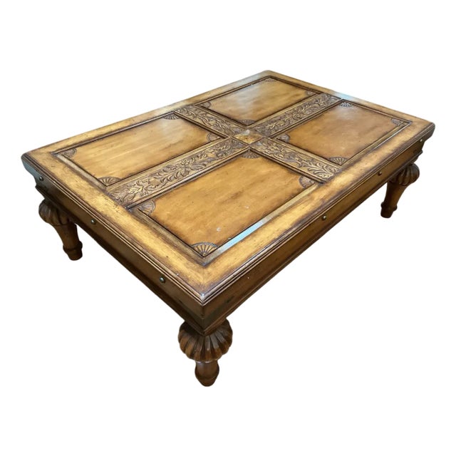 Vintage Indonesian Hand-Carved Wood Coffee Table With Floral Cross Motif For Sale